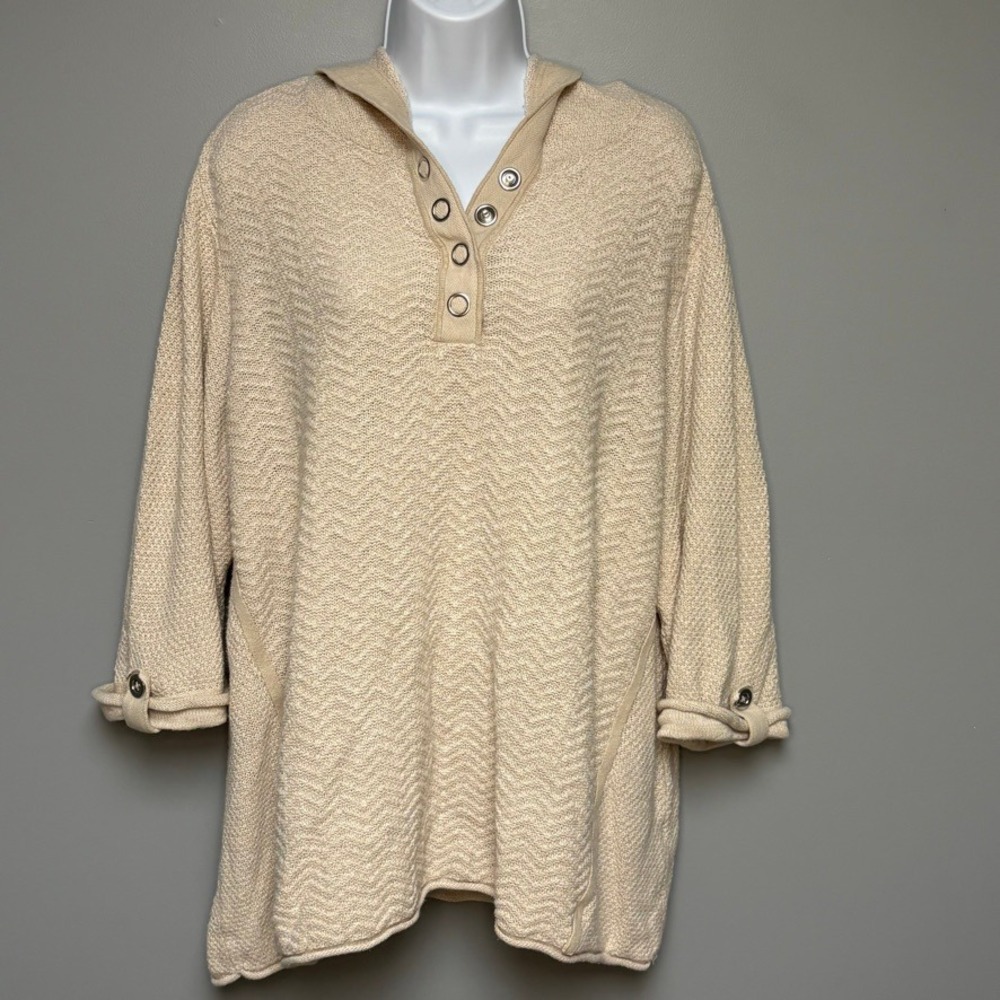 CJ Banks Beach Tan Beige Minimalist Henley Snap Herringbone Relaxed Hoodie Sx 2X